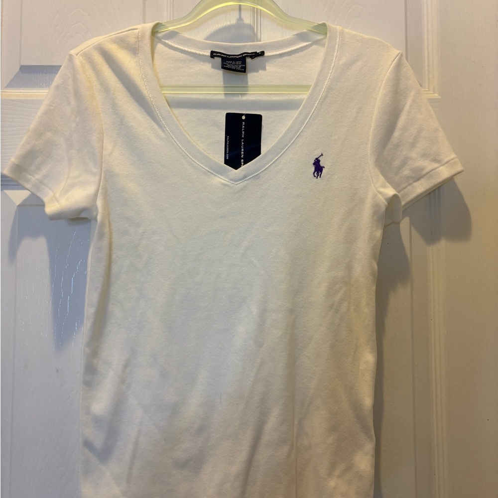 Ralph Lauren Sport White V-Neck Tee with Purple Logo